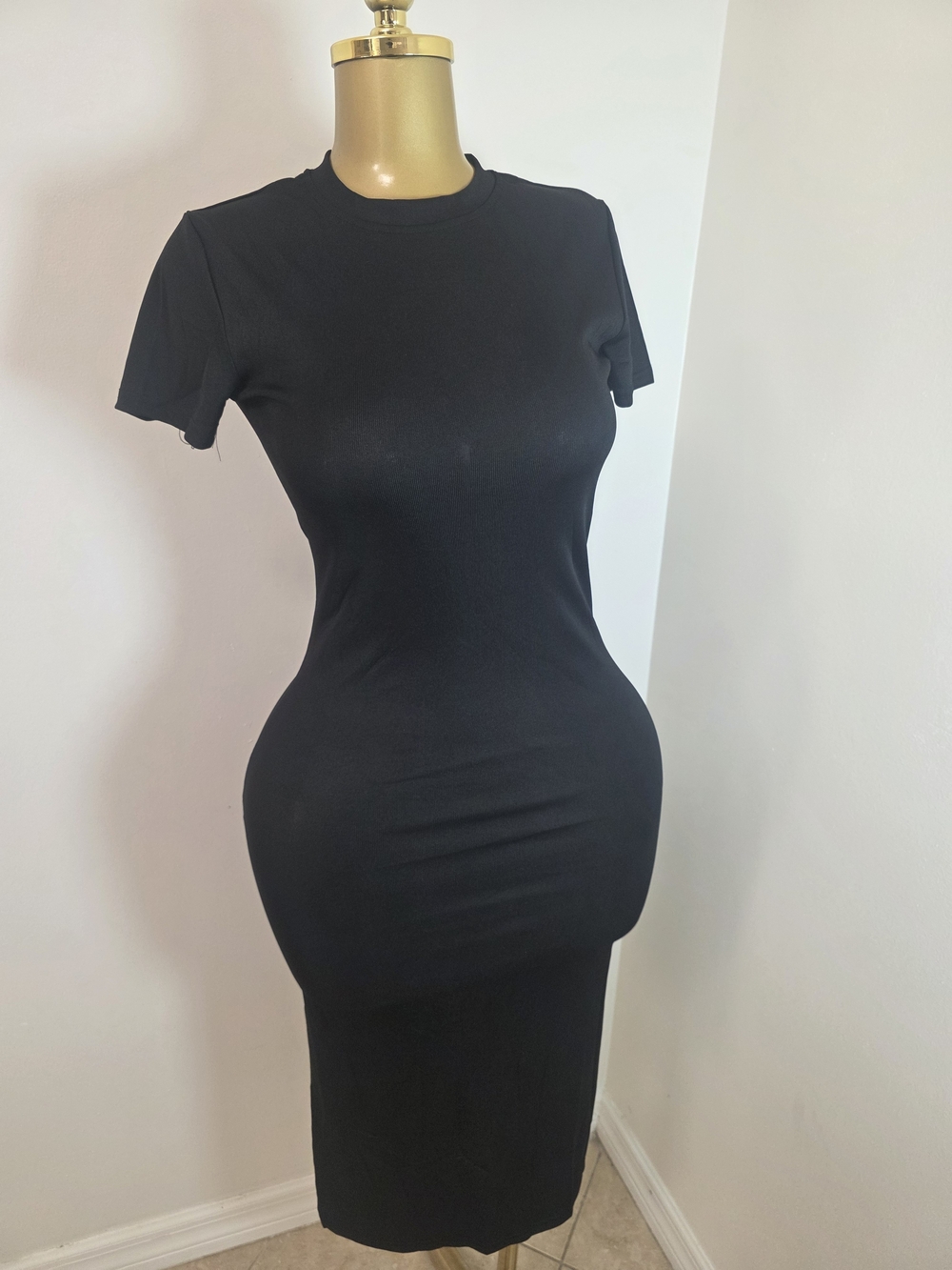 Classic Black Fitted Midi T-Shirt Dress